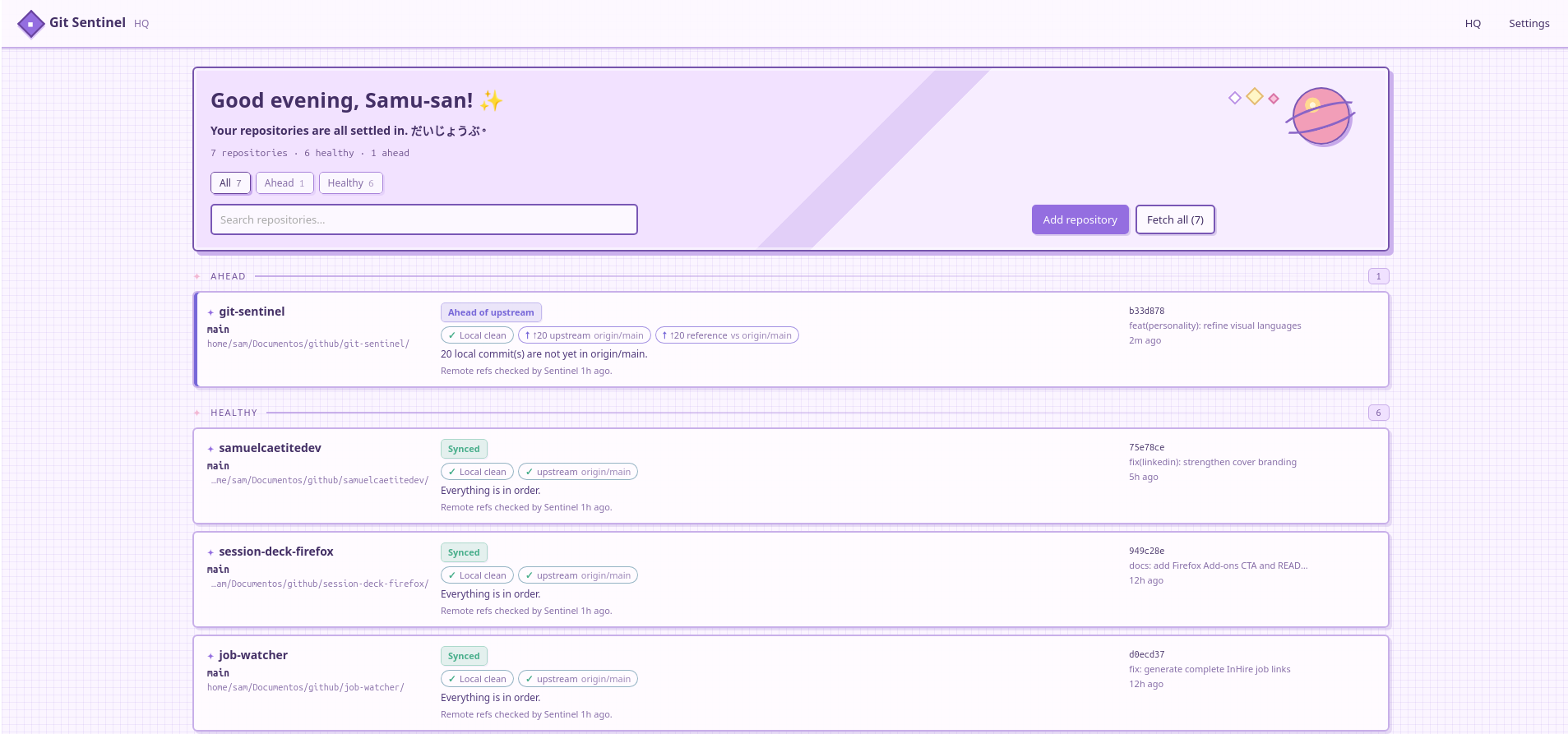 Git Sentinel en la personalidad Cute mostrando el estado de repositorios Git locales