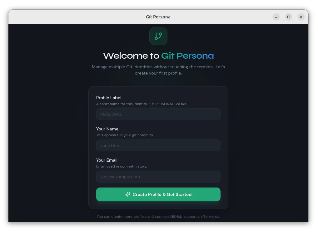 Pantalla inicial de la aplicación de escritorio GitPersona