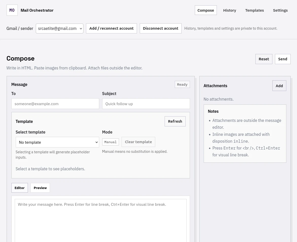 Pantalla de composición de mensajes de Mail Orchestrator