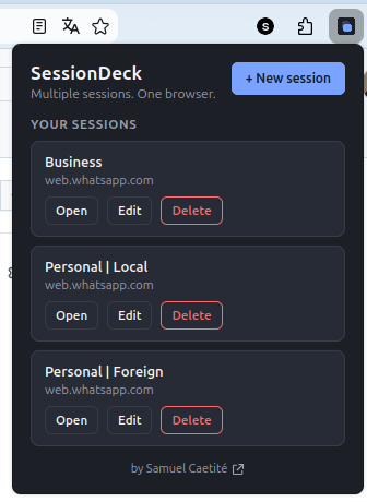 Popup de SessionDeck mostrando sesiones guardadas
